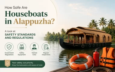Is a houseboat safe? Traditional houseboat cruising through the calm Alappuzha backwaters with visible life jackets and safety equipment, highlighting safety standards and regulations.