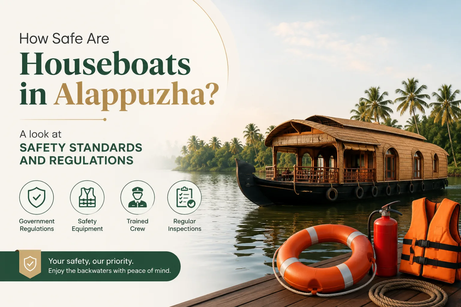 Is a houseboat safe? Traditional houseboat cruising through the calm Alappuzha backwaters with visible life jackets and safety equipment, highlighting safety standards and regulations.