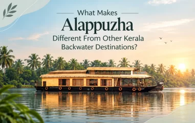 Alappuzha houseboat cruising through Kerala backwaters surrounded by coconut palms