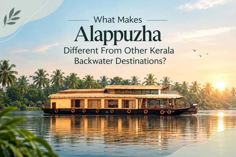 Alappuzha houseboat cruising through Kerala backwaters surrounded by coconut palms